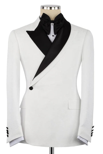 White One Button Slim Fit Men Suit with Black Lapel