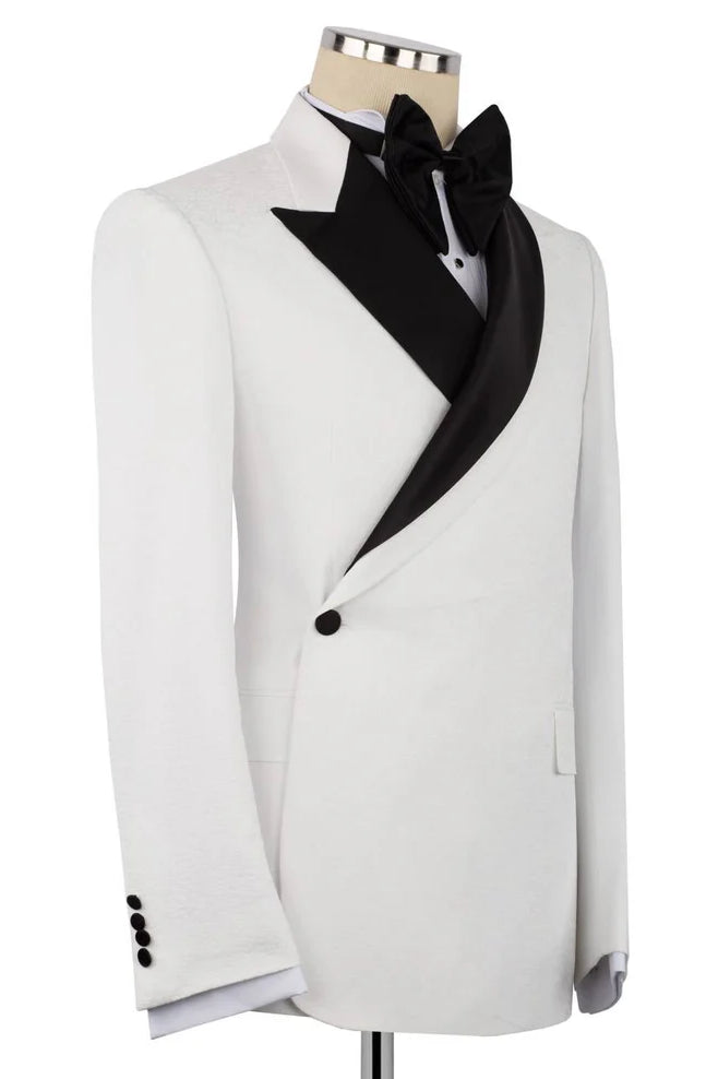 White One Button Slim Fit Men Suit with Black Lapel