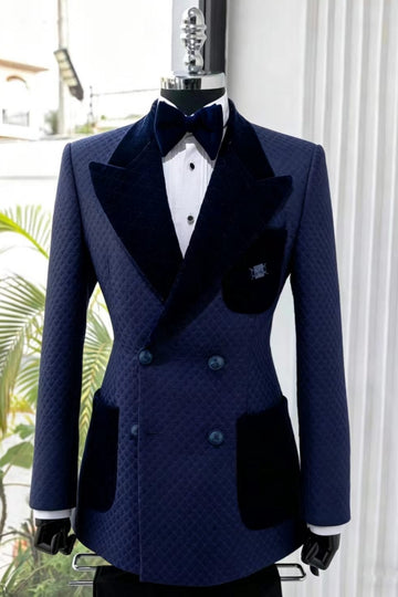 Navy Blue Jacquard Double Breasted Men Suit with Velvet Lapel