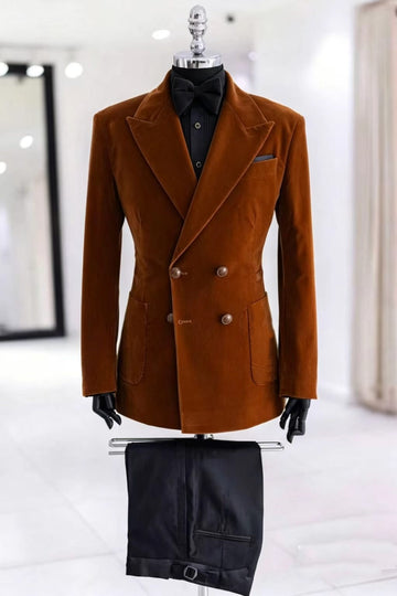 Brown Velvet Double Breasted Men Suits with Black Pants