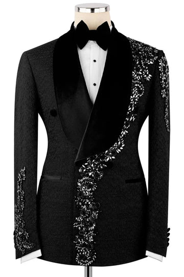 Exclusive Black Jacquard Men Suit with Crystal Embellished