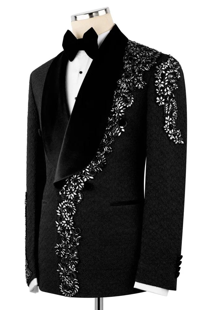 Exclusive Black Jacquard Men Suit with Crystal Embellished