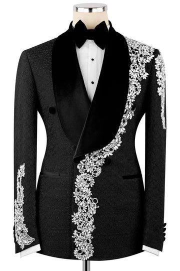 Exclusive Black Jacquard Men Suit with Silver Crystal Embellished