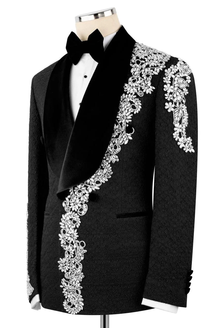 Exclusive Black Jacquard Men Suit with Silver Crystal Embellished