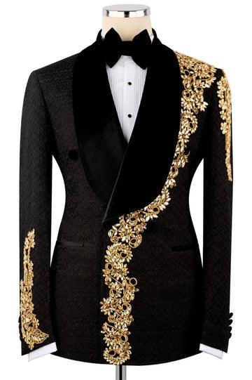 Exclusive Black Jacquard Men Suit with Gold Crystal Embellished