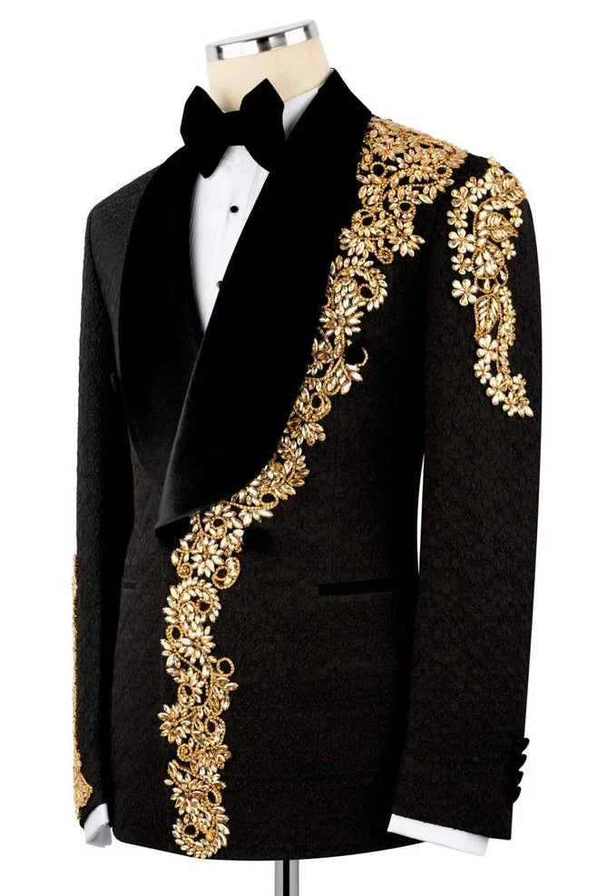 Exclusive Black Jacquard Men Suit with Gold Crystal Embellished