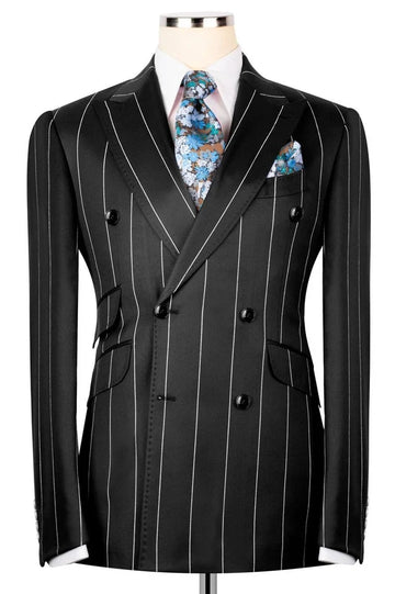 Black Double Breasted Striped Bespoke Men Suits