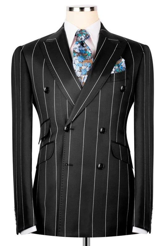 Black Double Breasted Striped Bespoke Men Suits