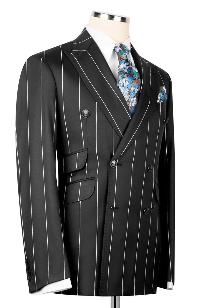 Black Double Breasted Striped Bespoke Men Suits