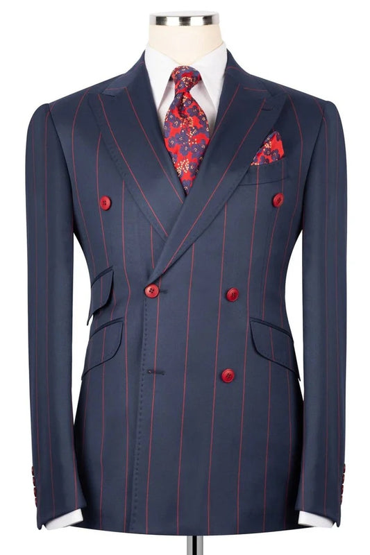 Navy Blue Double Breasted Striped Bespoke Men Suits