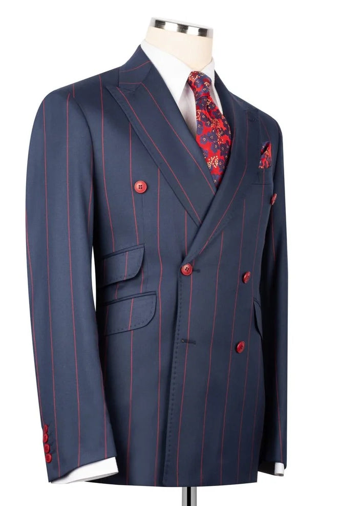 Navy Blue Double Breasted Striped Bespoke Men Suits