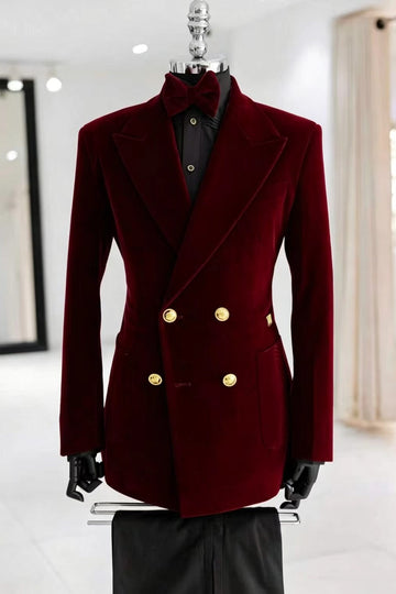 Red Velvet Double Breasted Men Suits with Black Pants