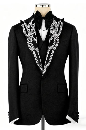 Classic Black Peak Lapel Men Suits with Silver Crystal