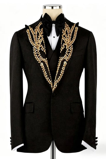Classic Black Peak Lapel Men Suits with Gold Crystal