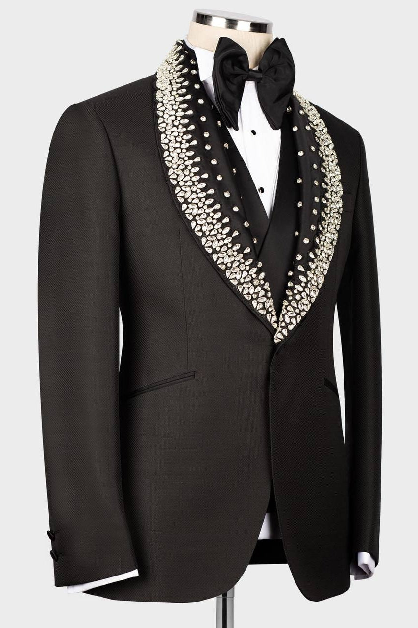 Black 3-Pieces Slim Fit Wedding Groom Suits with Silver Crystal