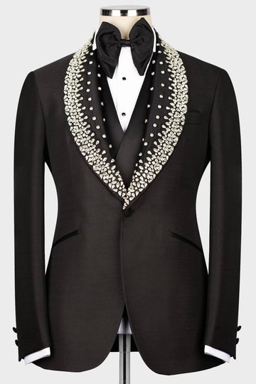 Black 3-Pieces Slim Fit Wedding Groom Suits with Silver Crystal